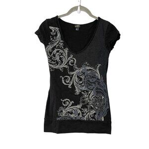 Vintage Y2K Southpole Black Graphic Tee Womens V-Neck Emo Grunge Streetwear S